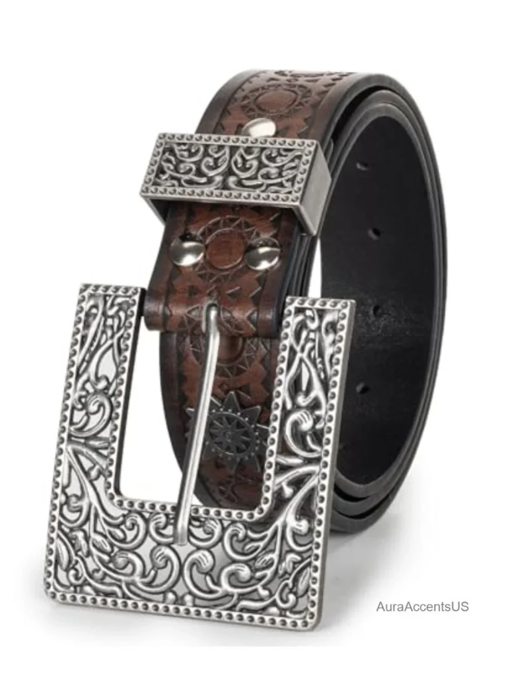 Vintage Faux Leather Western Belt with Hollow Out Flower Embossed PU